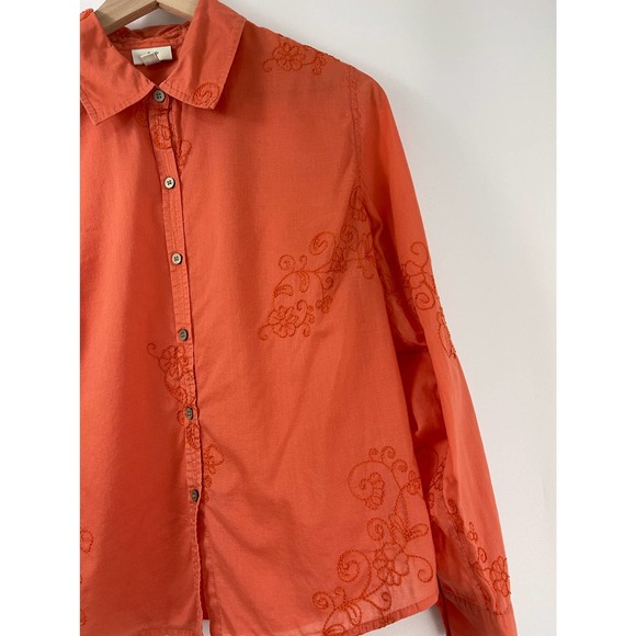 J.Jill Pumpkin All-Over Embroider Button Up Collard Top Blouse Size Med  #4122 - Picture 6 of 10